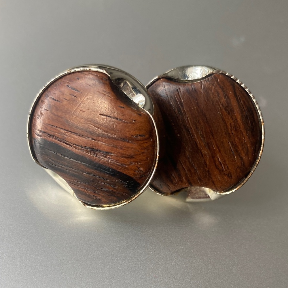 Vintage Brown Wood and Silver Tone Round Cuff Links